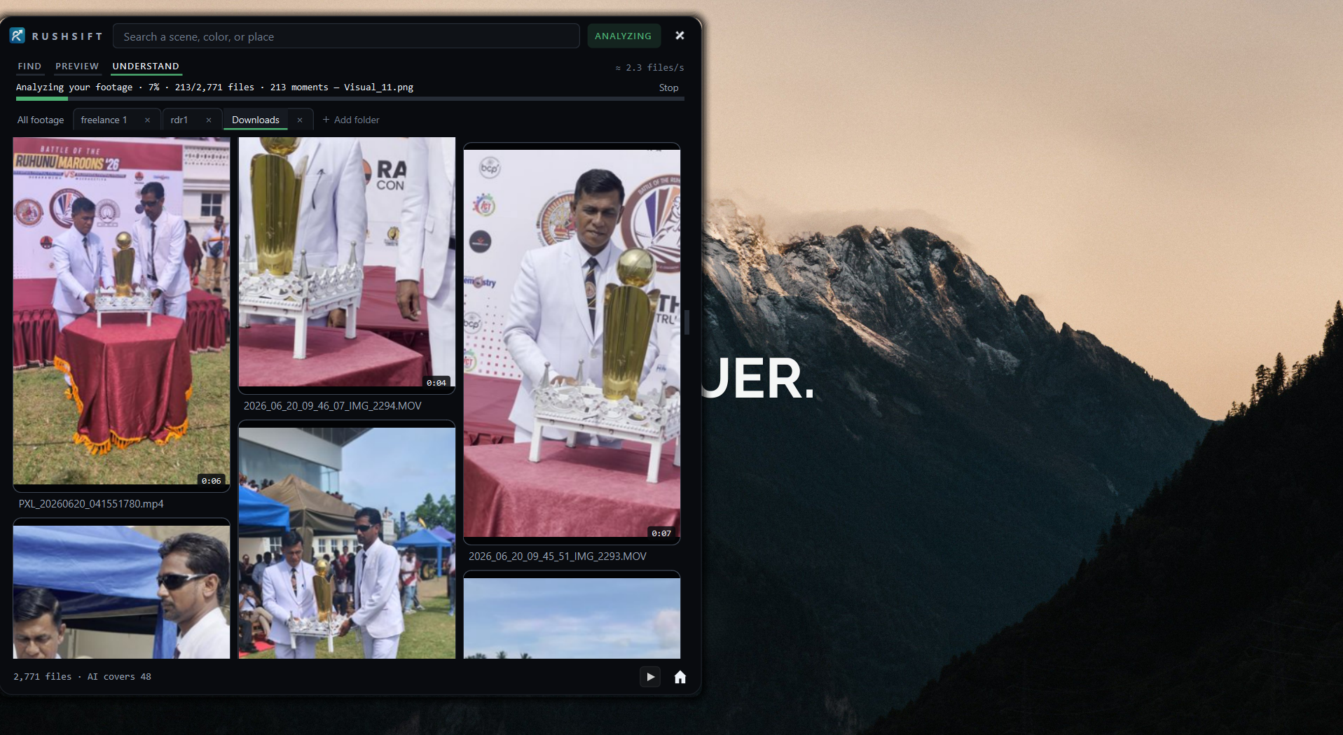 RUSHSIFT indexing a footage library, showing files read and moments found.